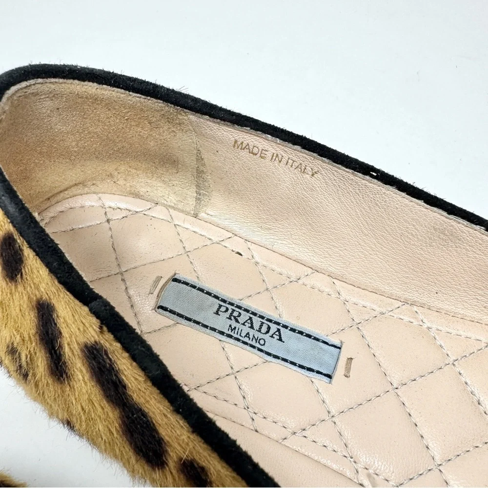 Prada Brown Black Pony Hair Leather Cheetah Print Loafer Flats